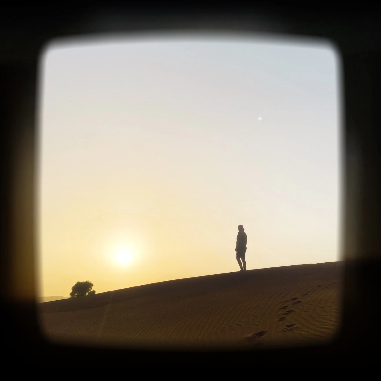 Figure standing in desert sunset